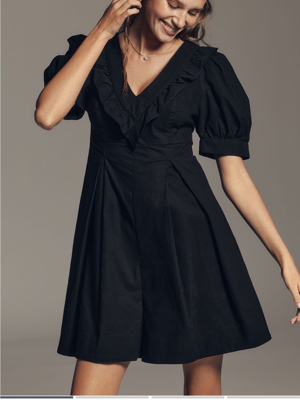 Maeve Black V-Neck Ruffle Puff Sleeve Mini romper
